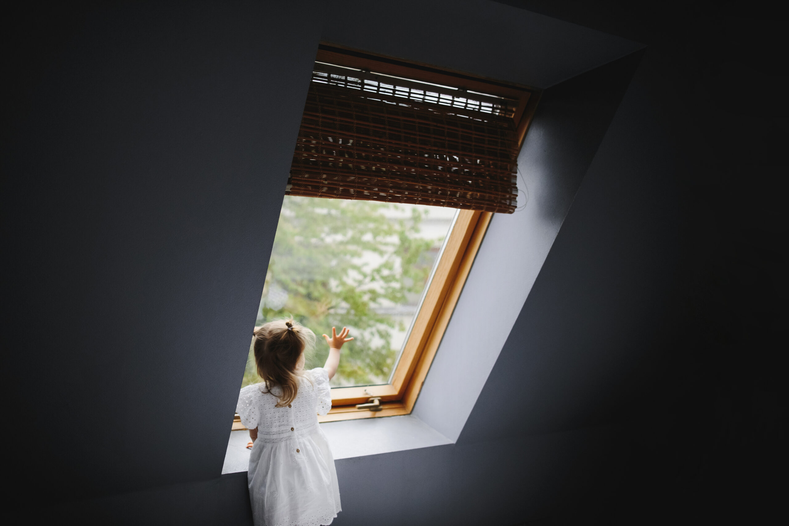 A little girl looks something in the window